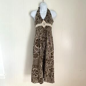 Y2K Roxy Brown Halter Dress Sz 3 Crochet Empire Waist Floral Boho Beach Cotton